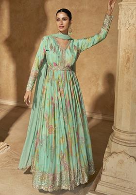 Green Sequin Embroidered Georgette Kurta With Dupatta