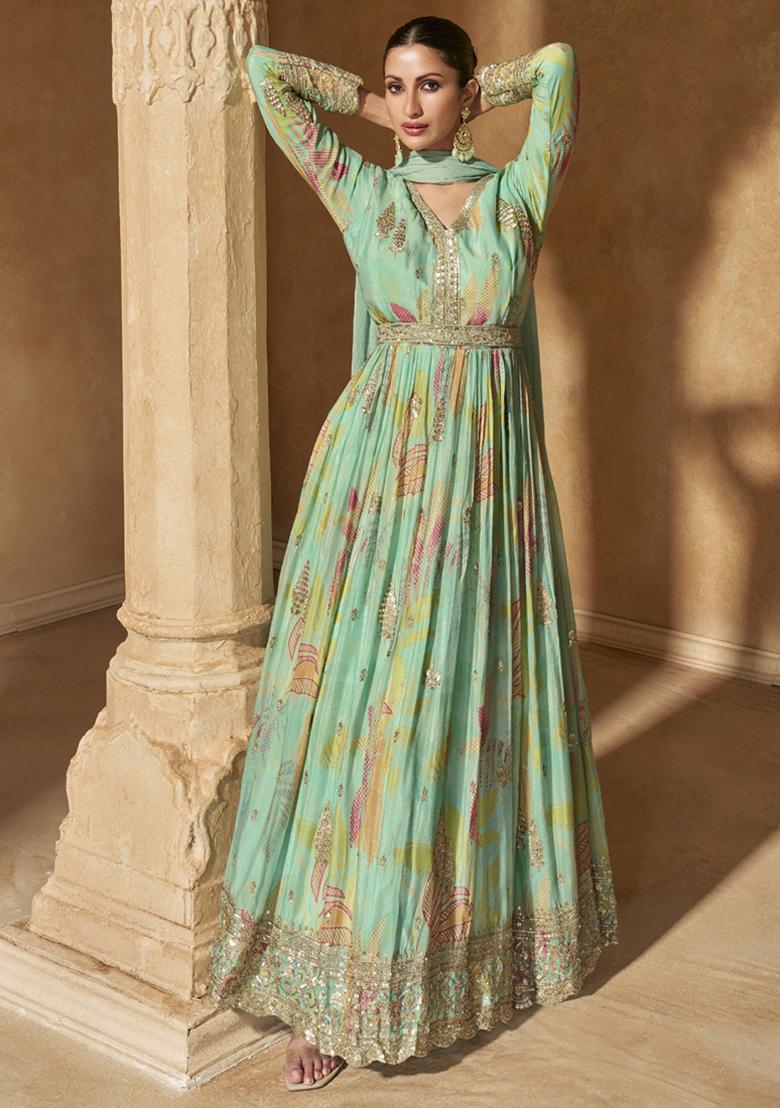 Green Sequin Embroidered Georgette Kurta With Dupatta