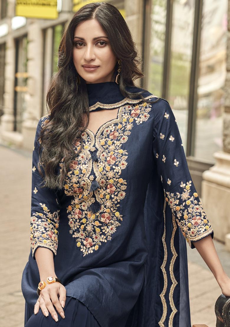 Blue Sequin Embroidered Silk Kurta Set