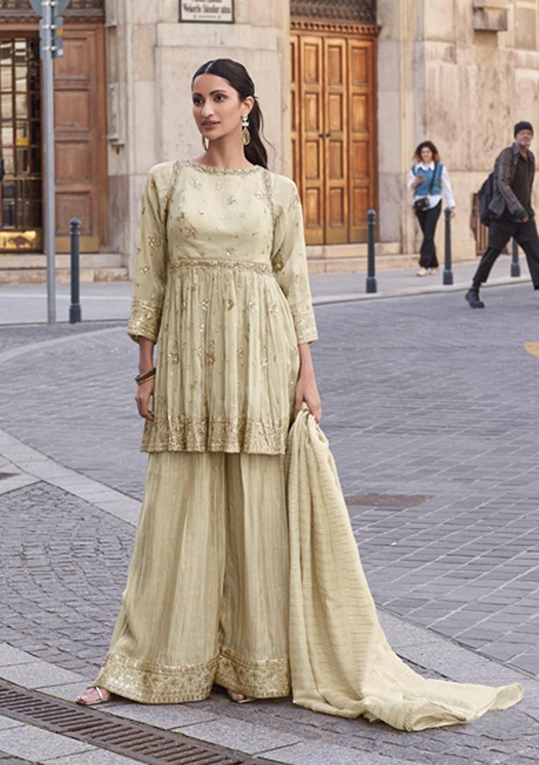 Off White Sequin Embroidered Silk Kurta Set