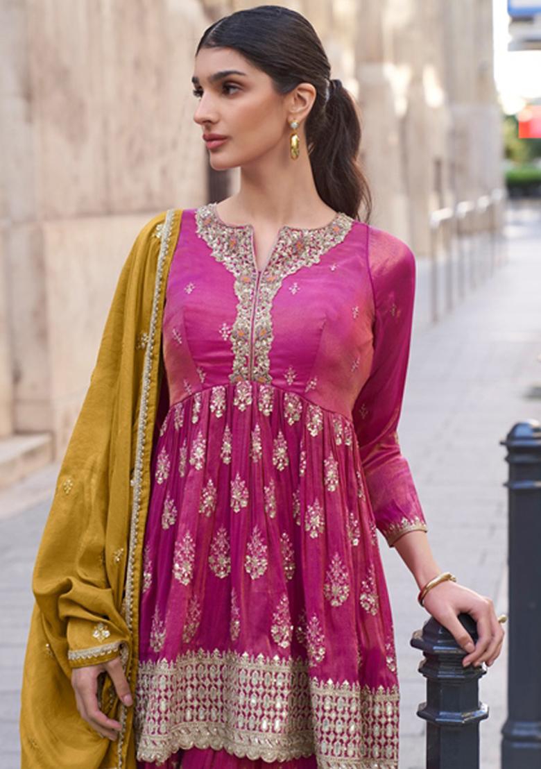 Pink Sequin Embroidered Silk Kurta Set