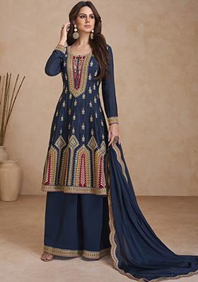 Blue Sequin Embroidered Silk Kurta Set
