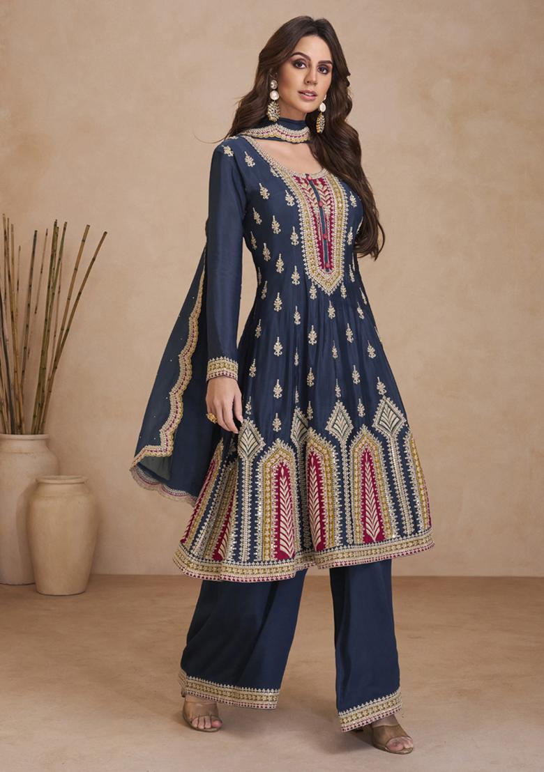 Blue Sequin Embroidered Silk Kurta Set