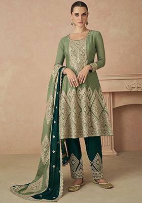 Light Green Sequin Embroidered Silk Kurta Set