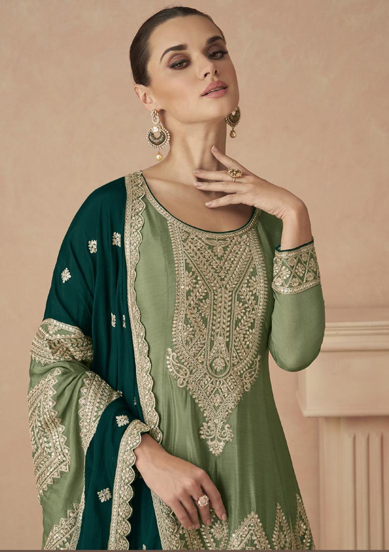Light Green Sequin Embroidered Silk Kurta Set
