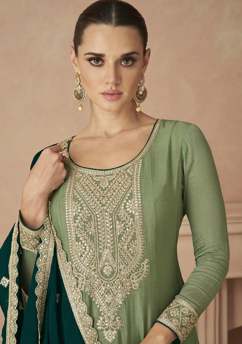Light Green Sequin Embroidered Silk Kurta Set