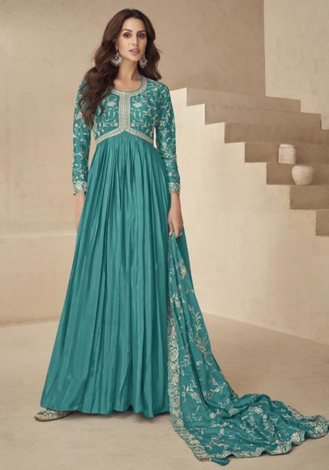 Sky Blue Sequin Embroidered Silk Kurta With Dupatta