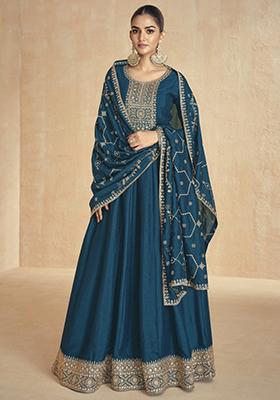 Aqua Blue Sequin Embroidered Silk Kurta With Dupatta
