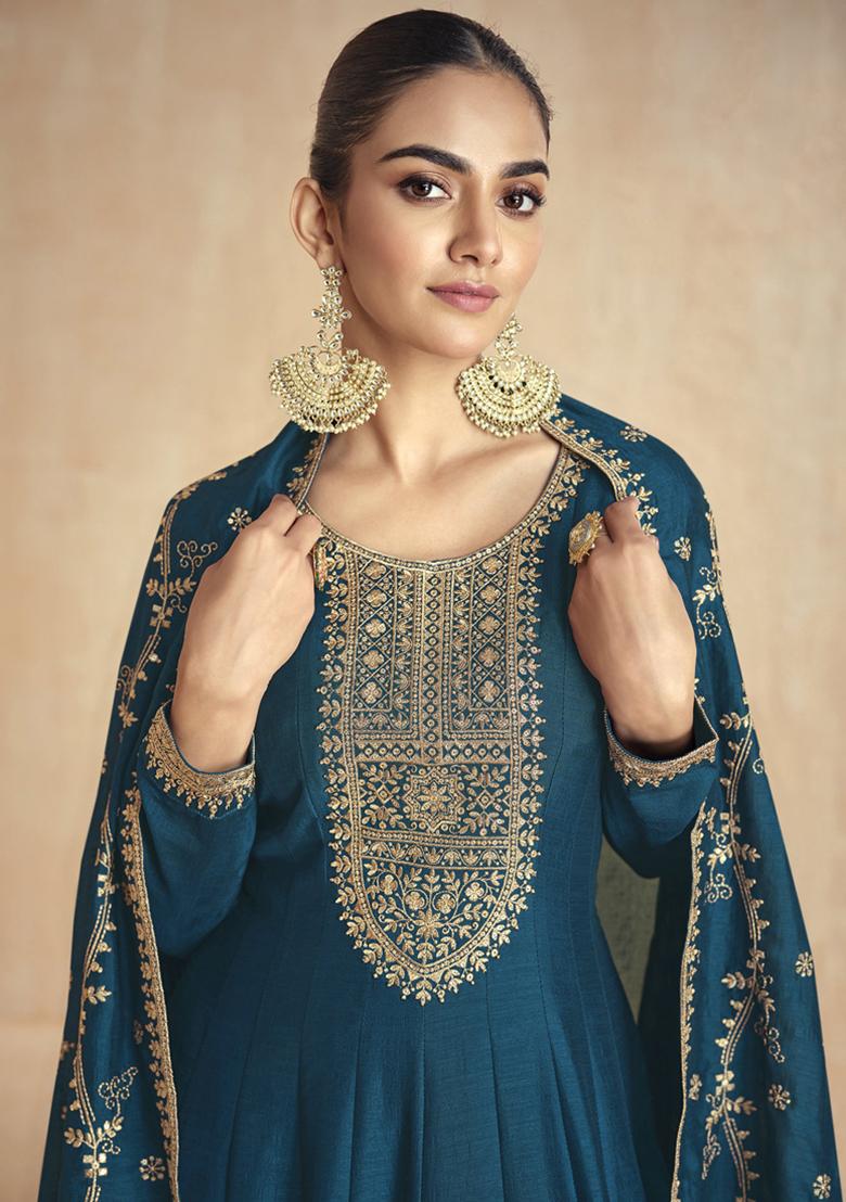 Aqua Blue Sequin Embroidered Silk Kurta With Dupatta