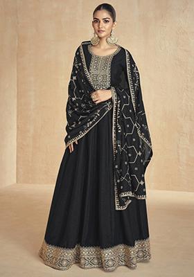 Black Sequin Embroidered Silk Kurta With Dupatta