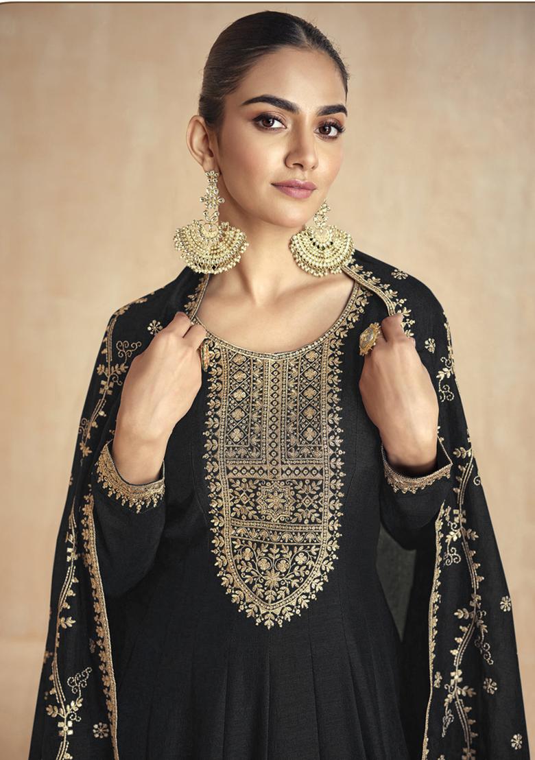 Black Sequin Embroidered Silk Kurta With Dupatta