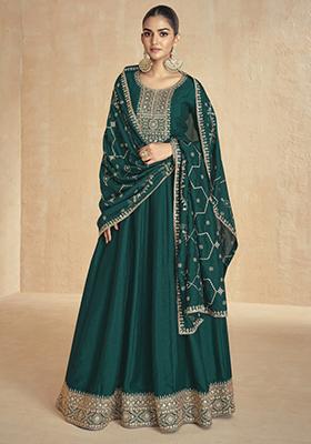 Green Sequin Embroidered Silk Kurta With Dupatta