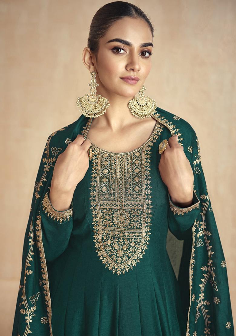 Green Sequin Embroidered Silk Kurta With Dupatta