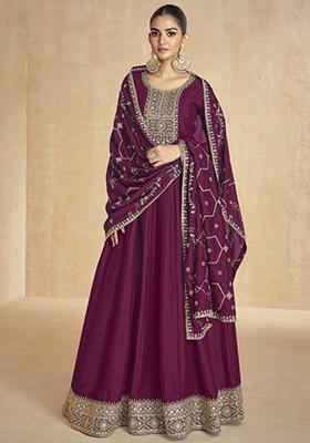 Wine Sequin Embroidered Silk Kurta With Dupatta