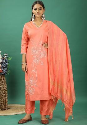 Pink Floral Embroidered Poly Blend Kurta Set