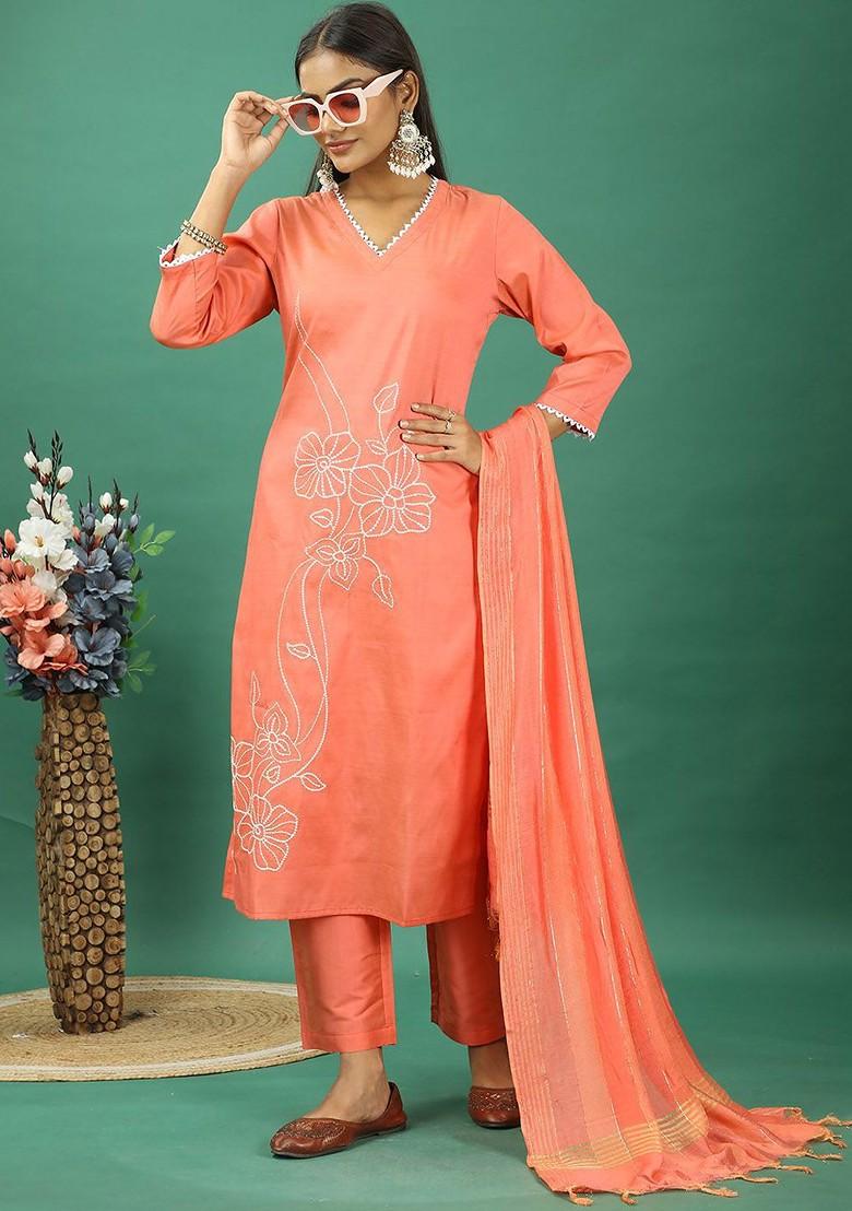 Pink Floral Embroidered Poly Blend Kurta Set