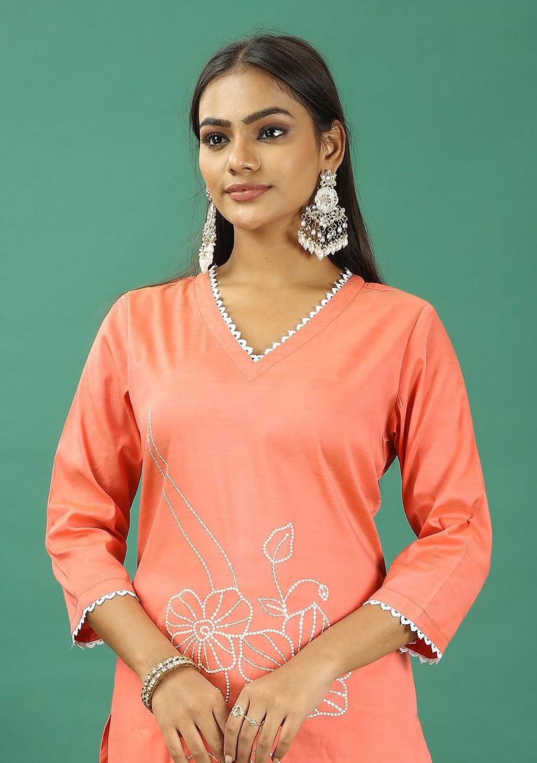Pink Floral Embroidered Poly Blend Kurta Set