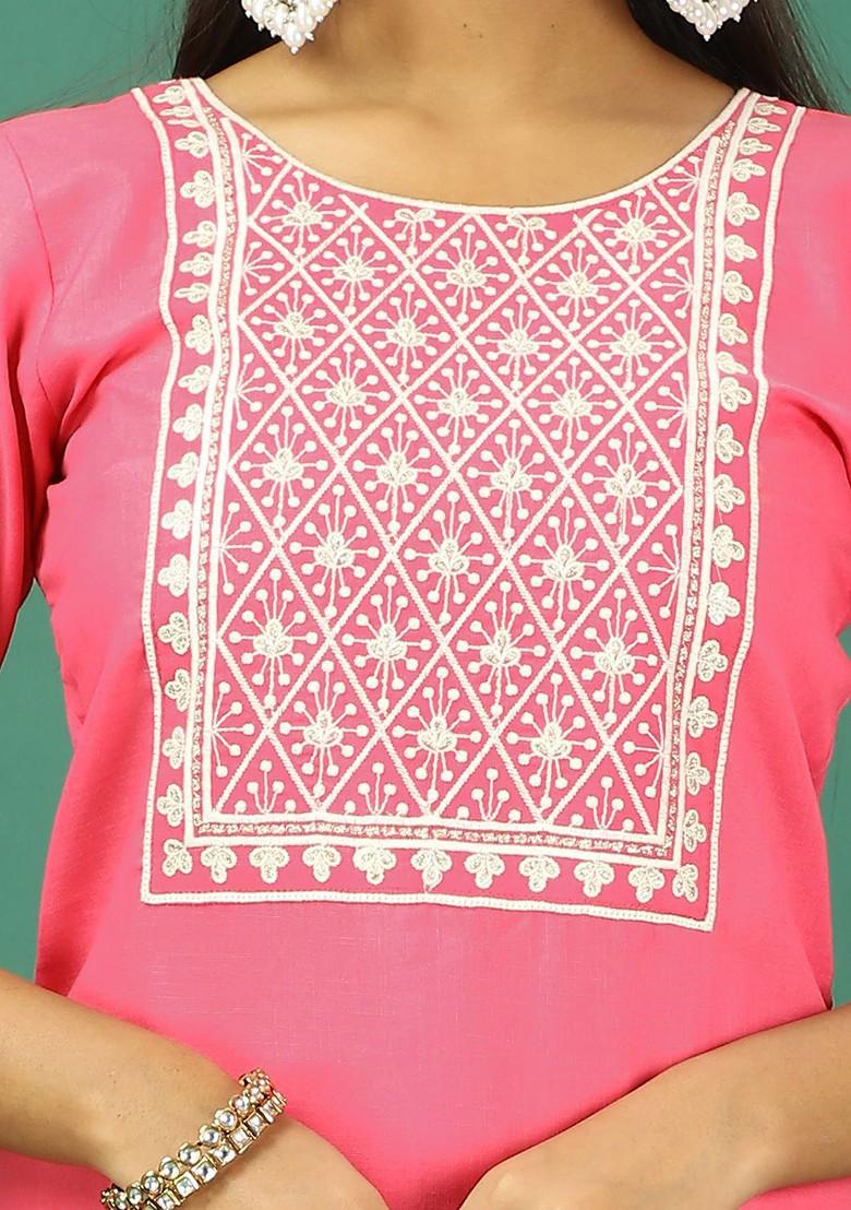 Peach Floral Embroidered Poly Blend Kurta Set