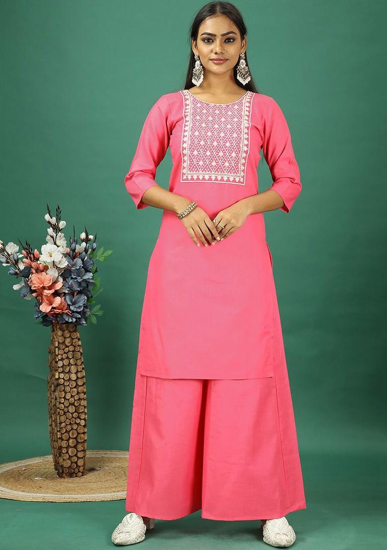 Peach Floral Embroidered Poly Blend Kurta Set