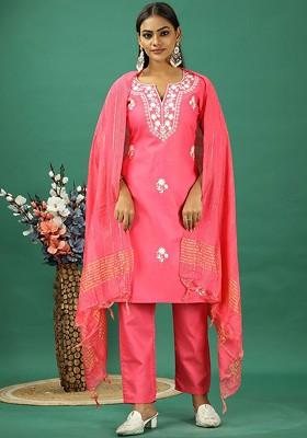 Pink Floral Embroidered Poly Blend Kurta Set