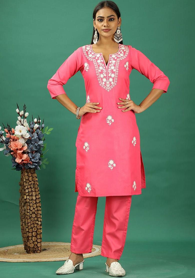 Pink Floral Embroidered Poly Blend Kurta Set