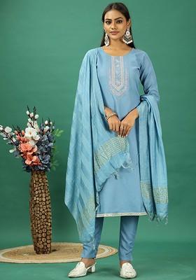 Blue Floral Embroidered Poly Blend Kurta Set