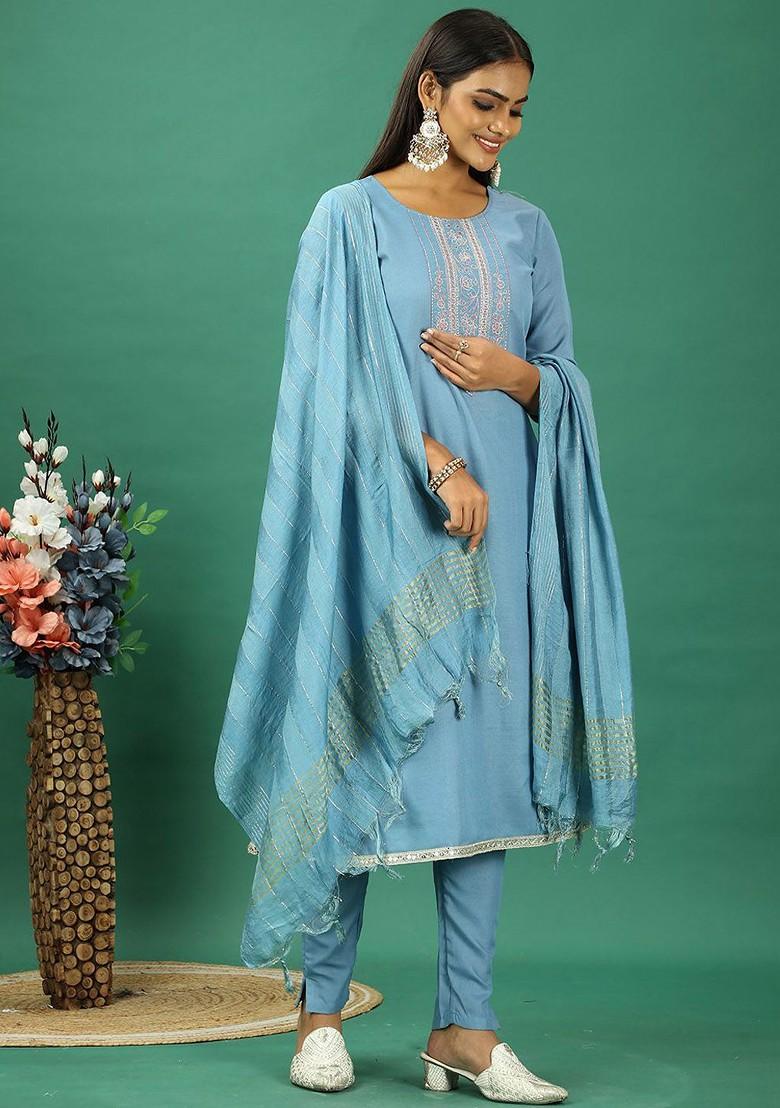 Blue Floral Embroidered Poly Blend Kurta Set