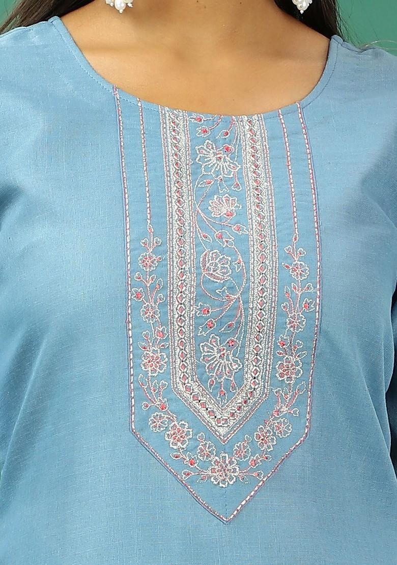 Blue Floral Embroidered Poly Blend Kurta Set