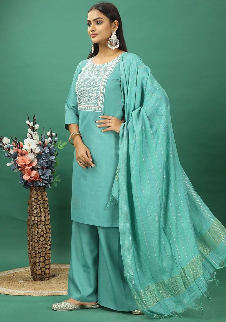 Green Floral Embroidered Poly Blend Kurta Set