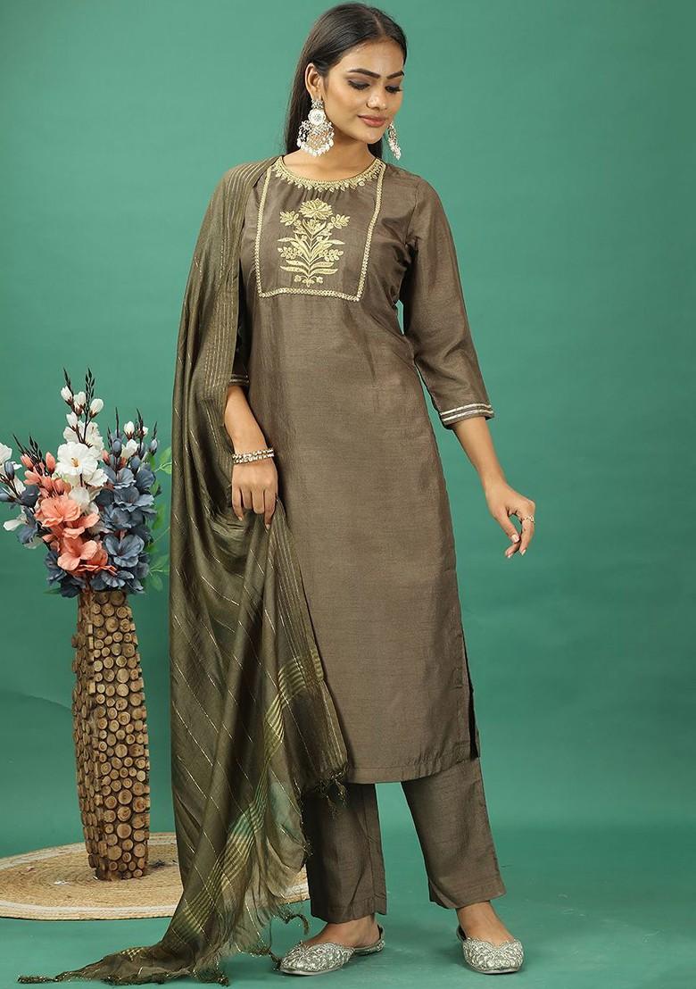 Green Floral Embroidered Poly Blend Kurta Set