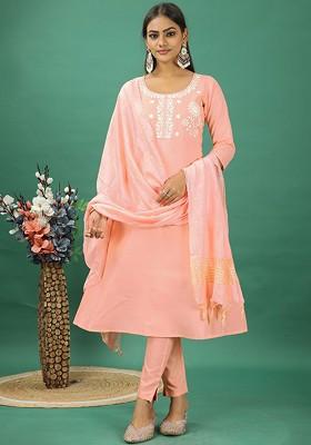 Peach Floral Thread Embroidered Poly Blend Kurta Set