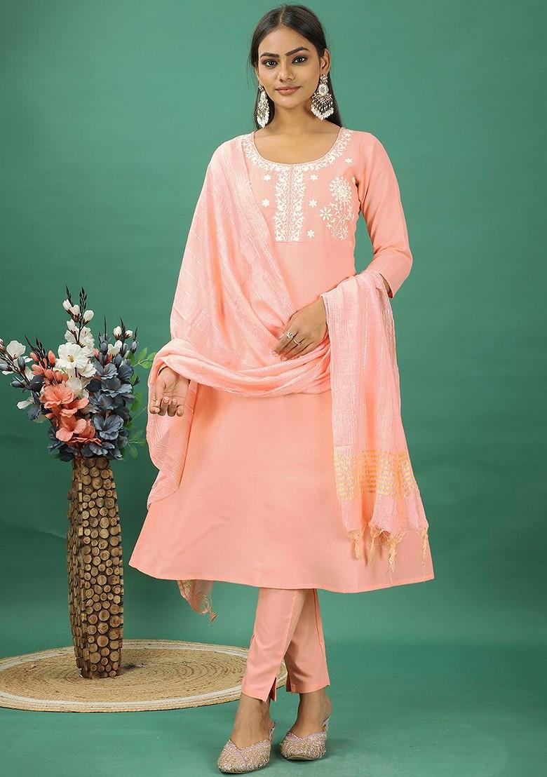 Peach Floral Thread Embroidered Poly Blend Kurta Set