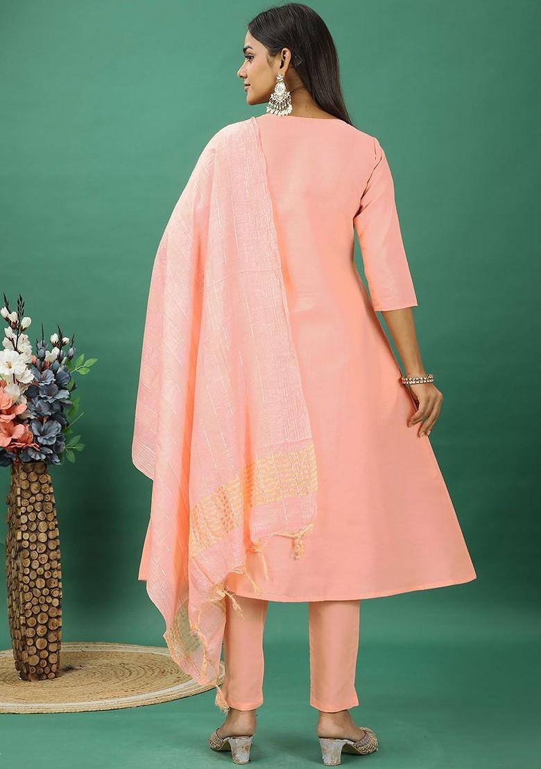 Peach Floral Thread Embroidered Poly Blend Kurta Set