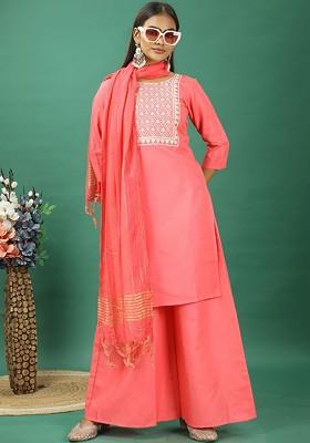 Pink Floral Thread Embroidered Poly Blend Kurta Set