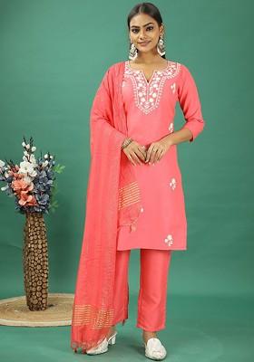 Pink Floral Thread Embroidered Poly Blend Kurta Set
