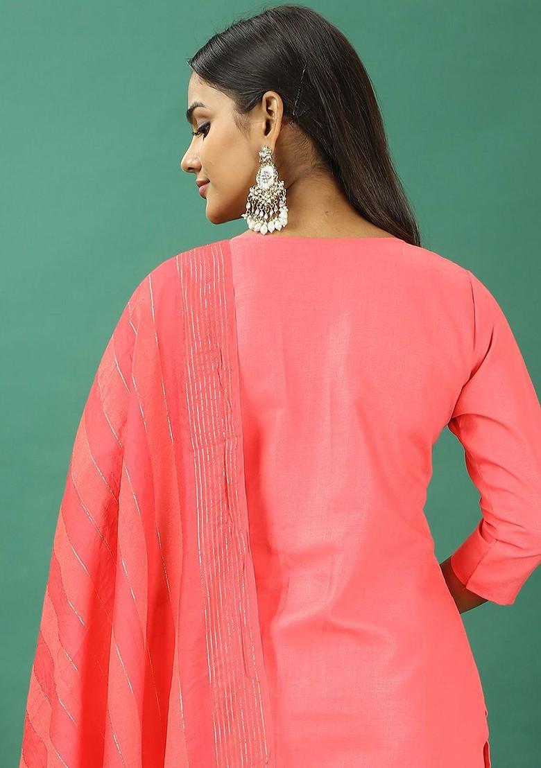 Pink Floral Thread Embroidered Poly Blend Kurta Set