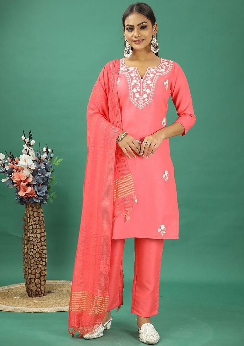Pink Floral Thread Embroidered Poly Blend Kurta Set