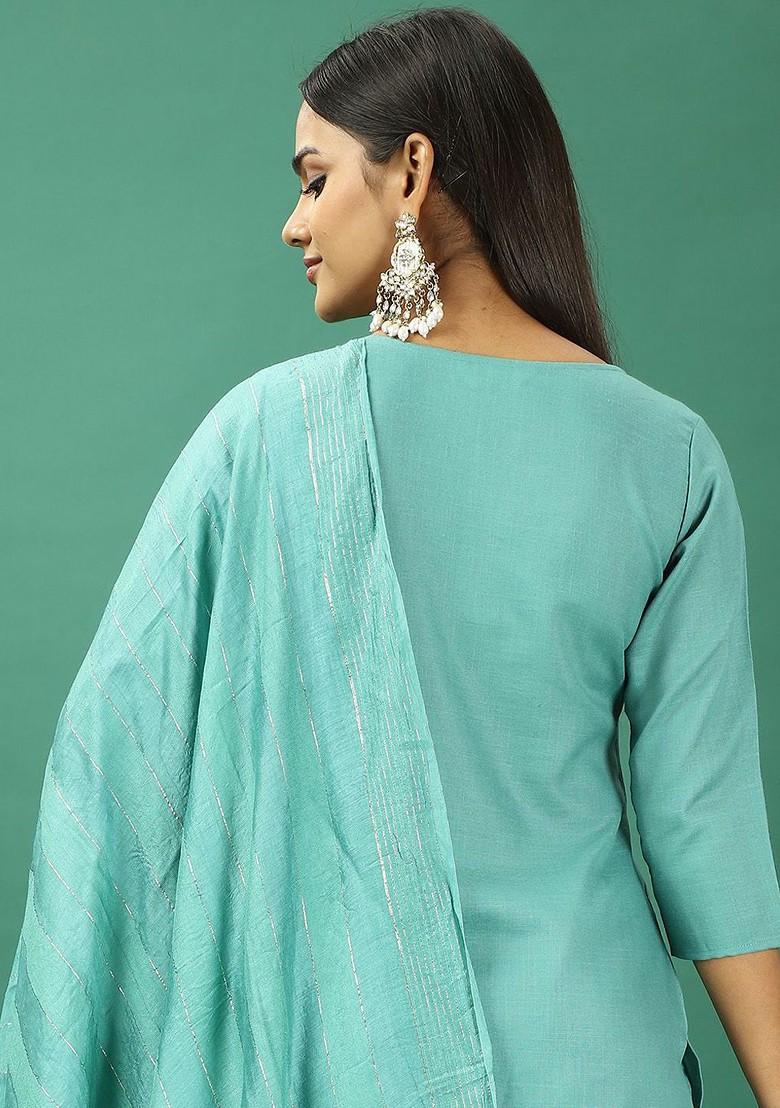 Blue Floral Embroidered Poly Blend Kurta Set
