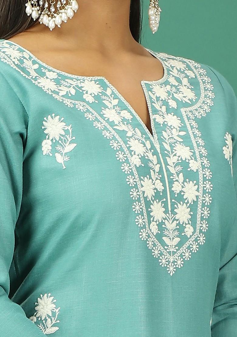 Blue Floral Embroidered Poly Blend Kurta Set