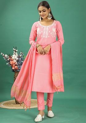 Pink Floral Embroidered Poly Blend Kurta Set