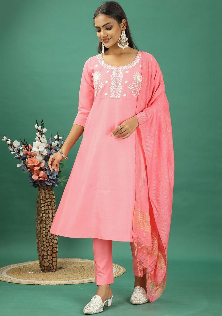 Pink Floral Embroidered Poly Blend Kurta Set