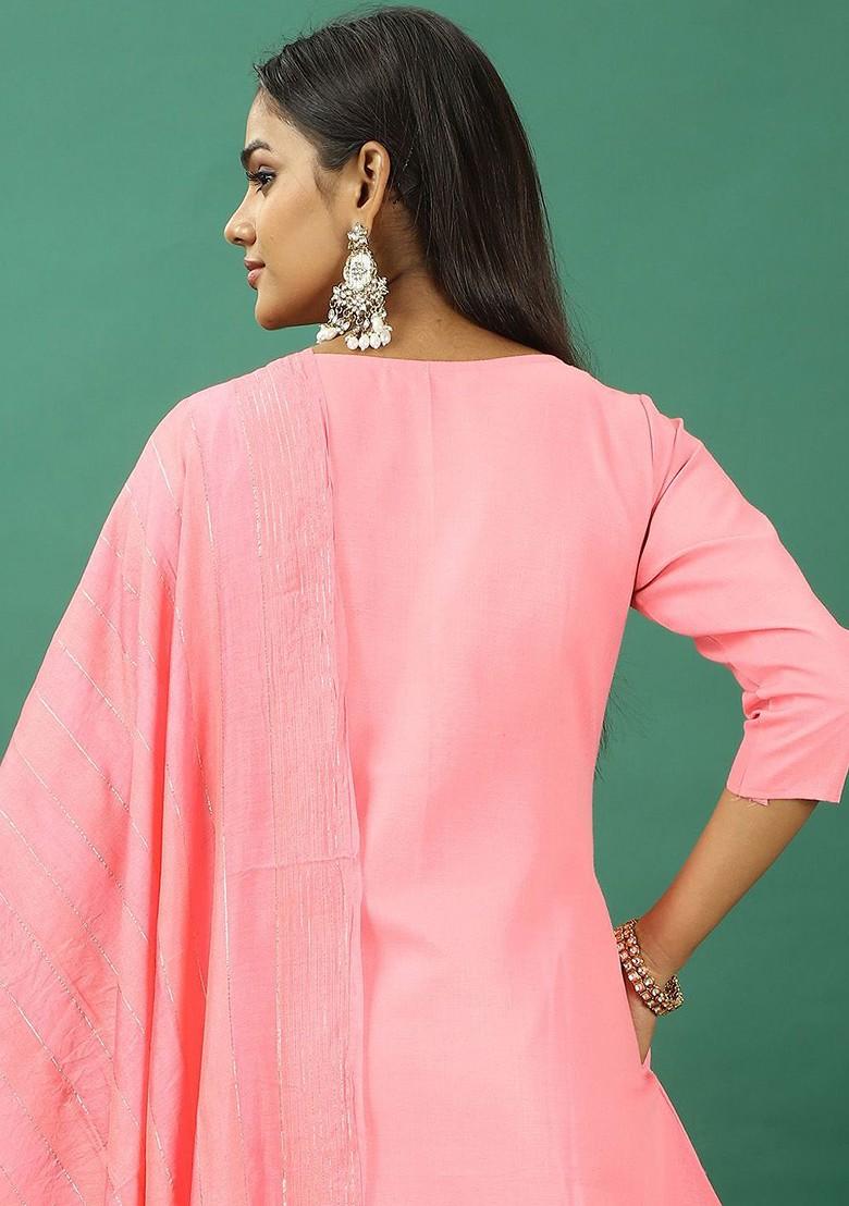 Pink Floral Embroidered Poly Blend Kurta Set