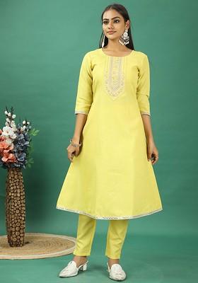 Yellow Floral Embroidered Poly Blend Kurta Set