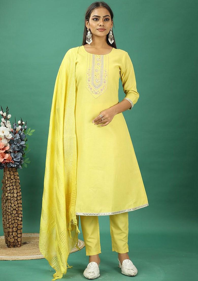 Yellow Floral Embroidered Poly Blend Kurta Set