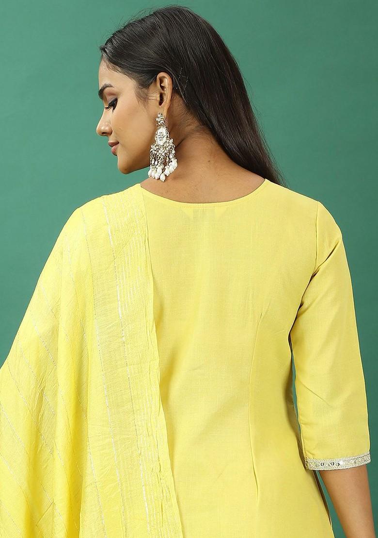 Yellow Floral Embroidered Poly Blend Kurta Set