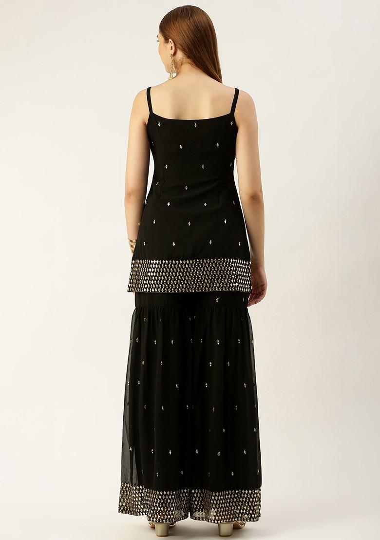 Black Sequin Embroidered Poly Blend Kurta Set
