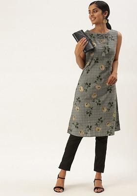 Grey Floral Print Poly Blend Kurta Set