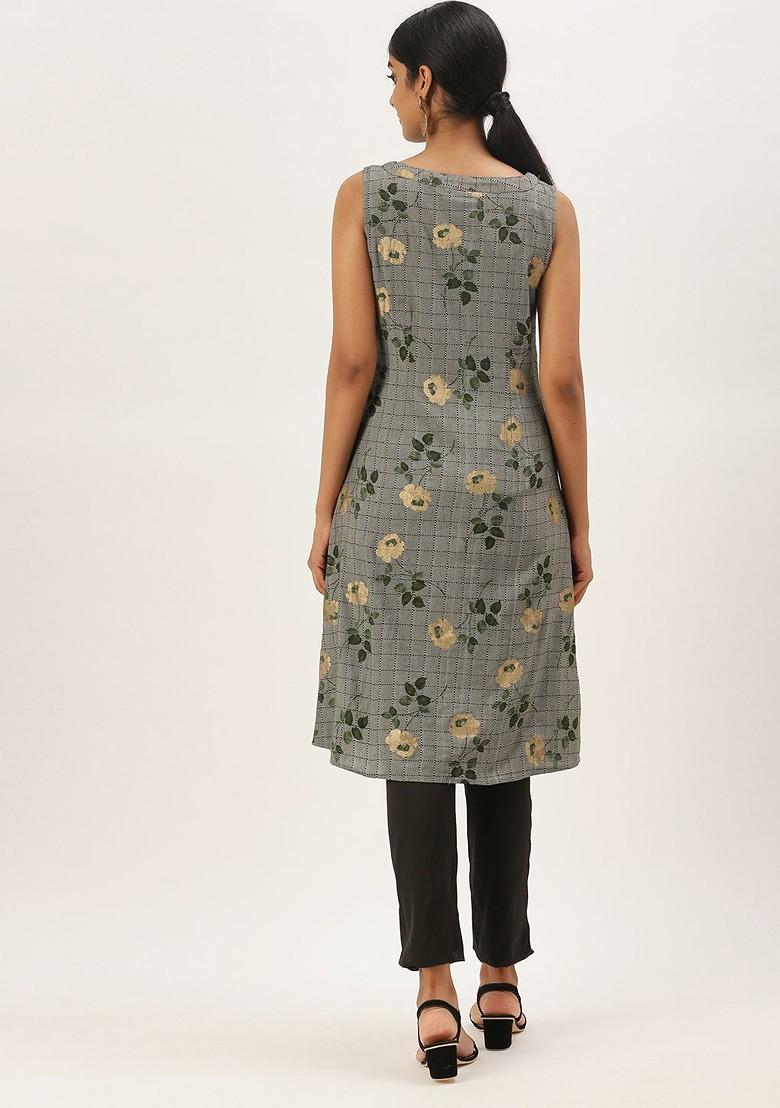 Grey Floral Print Poly Blend Kurta Set