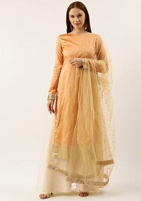 Peach Sequin Embroidered Poly Blend Kurta Set