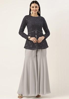 Grey Floral Embroidered Poly Blend Kurta Set